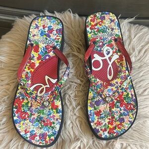 Brighton Colorful Floral Flip Flops with Red Straps